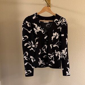 Nine West Black & White Floral Button-Up Puff Sleeve Cardigan